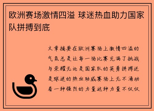 欧洲赛场激情四溢 球迷热血助力国家队拼搏到底