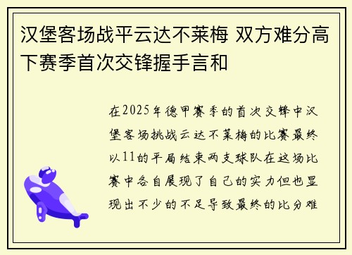 汉堡客场战平云达不莱梅 双方难分高下赛季首次交锋握手言和