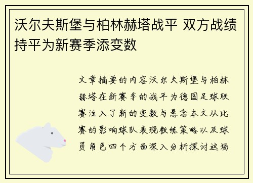 沃尔夫斯堡与柏林赫塔战平 双方战绩持平为新赛季添变数