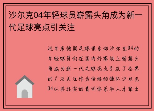 沙尔克04年轻球员崭露头角成为新一代足球亮点引关注