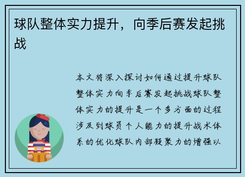球队整体实力提升，向季后赛发起挑战