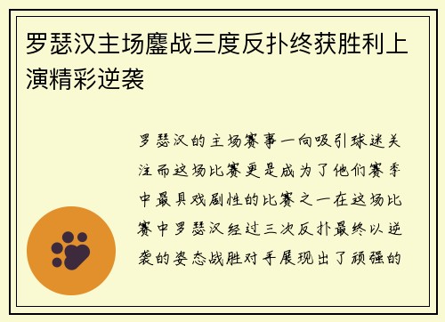 罗瑟汉主场鏖战三度反扑终获胜利上演精彩逆袭