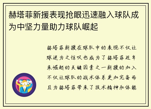 赫塔菲新援表现抢眼迅速融入球队成为中坚力量助力球队崛起