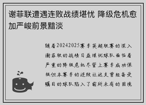 谢菲联遭遇连败战绩堪忧 降级危机愈加严峻前景黯淡